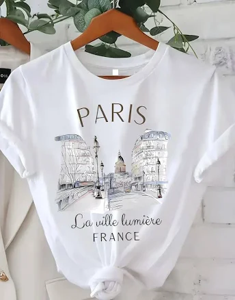 Elegant Womens Paris France Print T-shirt – White Crew Neck Short