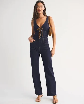 Abercrombie & Fitch Women's Vegan Suede Lace-Up Denim Jumpsuit