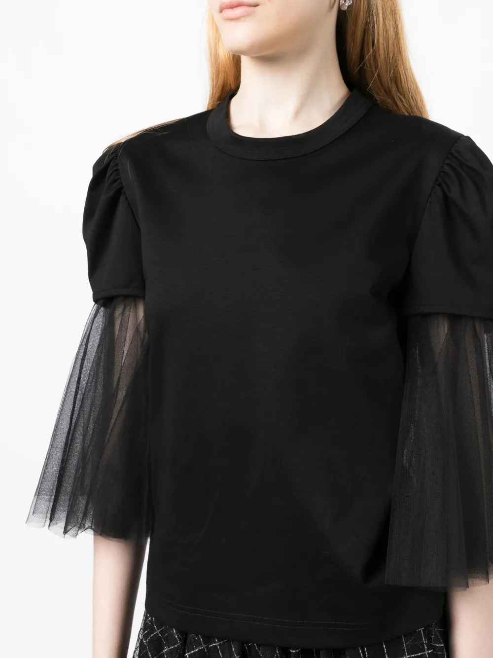 Tulle-sleeves Cotton T-shirt