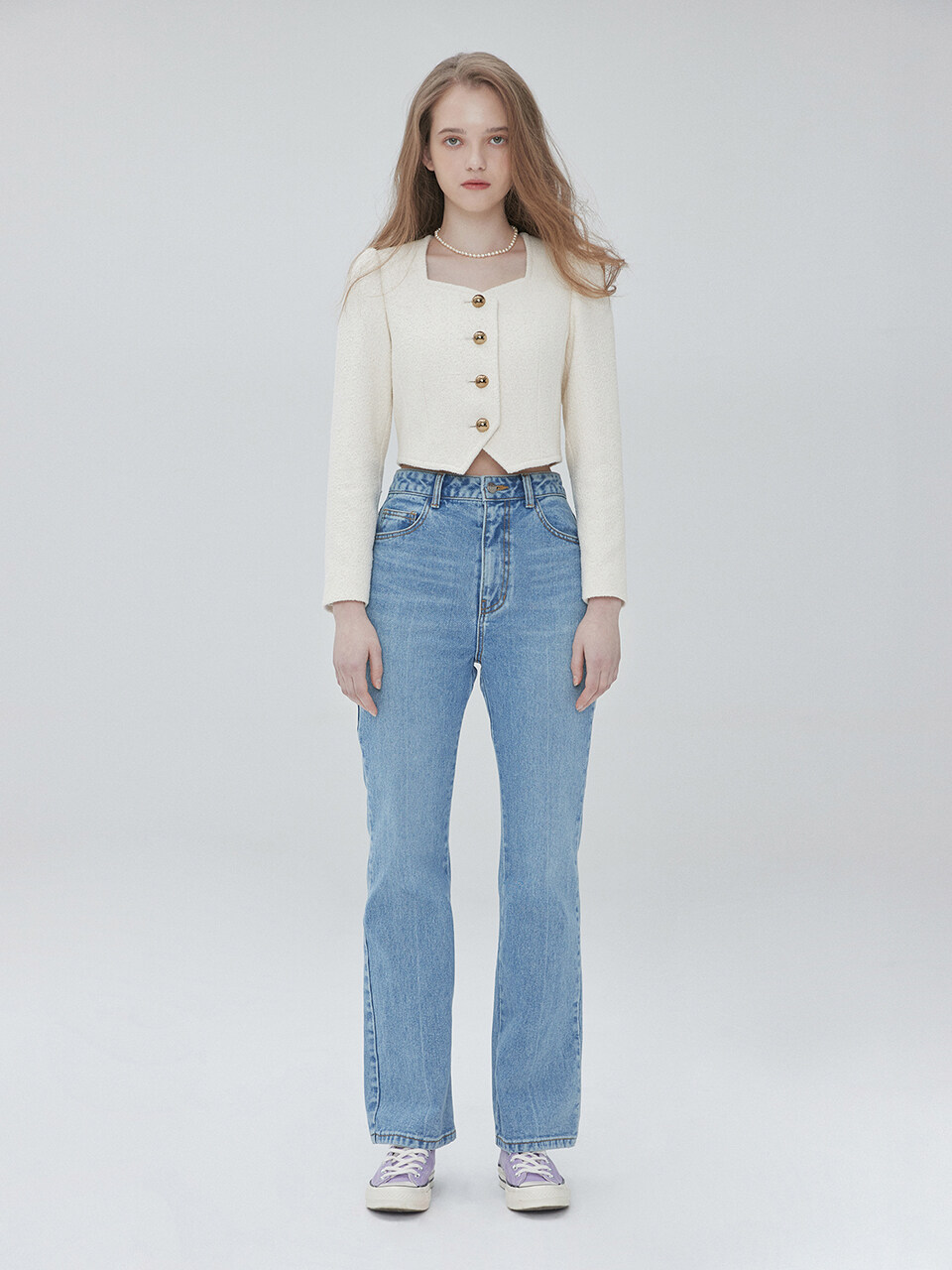 Tweed Heart Neck Crop Jacket 001 White