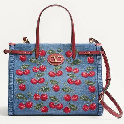 Valentino Garavani Medium Antibes Denim Shopper With Cherryfic Embroidery Woman