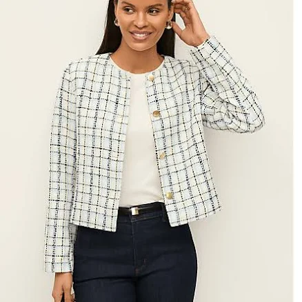 Ann Taylor Women's Petite Crew Neck Plaid Cashmere Jacket