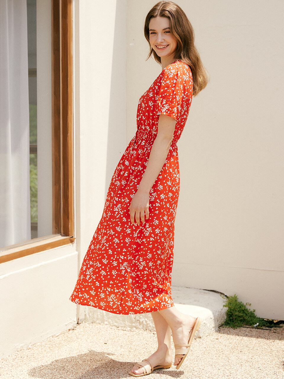 Monts 1336 Floral Shirred Robe Dress_Red