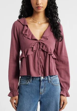 BP. Ruffle Tie Neck Button-Up Shirt in Burgundy Shade at Nordstrom, Size Small