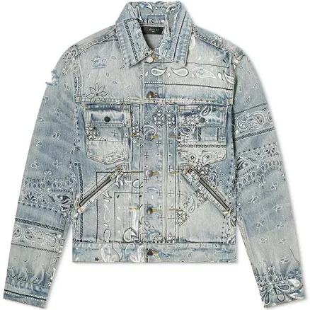 Amiri Men's Bandana Denim Distressed Trucker Jacket Blue Size Small