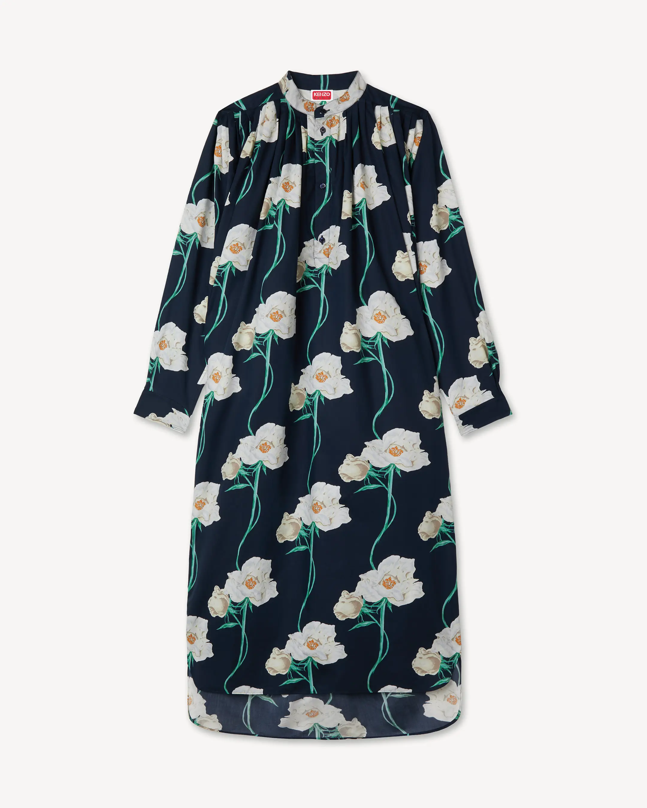 'KENZO Archive Rose' oversized pleated long dress in coton and slik