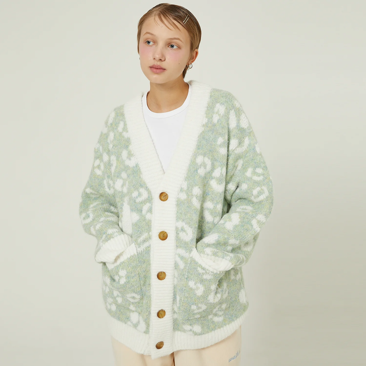 YK Leopard Knit Cardigan Mint