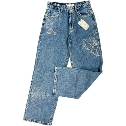 Denim&Co Wide Leg Mid Rise Jeans with Rhinestone Butterfly Design