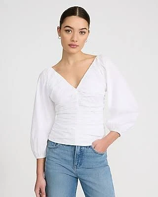 Express Women's Stretch Cotton V-Neck Ruched Puff Sleeve Top