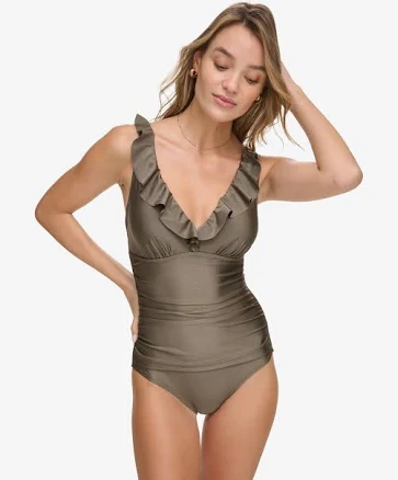 DKNY Ruffle Plunge Underwire Tummy Control Swimsuit
