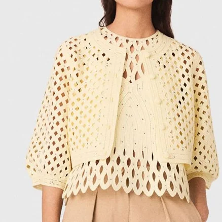 Maje Women's polyester Crochet Rhinestone Cardigan for Spring/Summer, size Extra Extra Large, in color Pale Yellow /