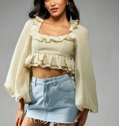 MISSGUIDED Ruffle Trim Chiffon Crop Top With Balloon Sleeves Square Neck Victorian Style Peasant Blouse Cottage Core Spring Summer Festival Bohemian