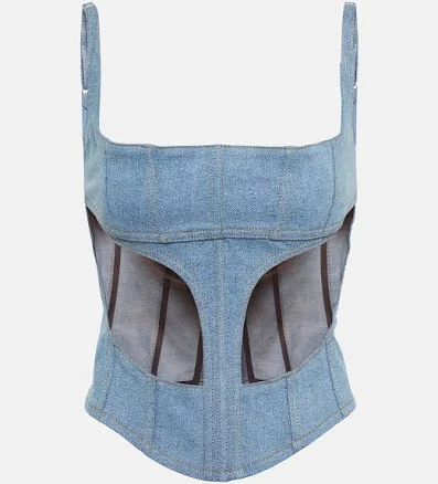 Mugler, Denim and mesh corset top, Women, Blue, US 12, Tops, Cotton blend