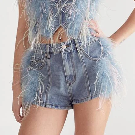Nasty Gal Women's Feather Trim Denim Shorts