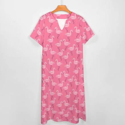 Flamingo V-Neck Short Sleeve Maxi Dress with Pockets