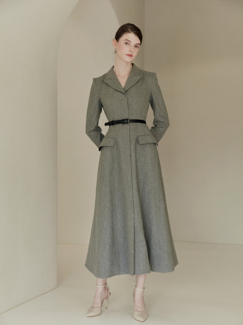 IRENE Notched Collar A Line Maxi Dress (Melange Gray)
