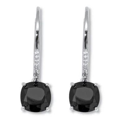 Women's PalmBeach Jewelry .11 TCW Cushion Cut Genuine Black Spinel and CZ Sterling Silver Hoop Earrings