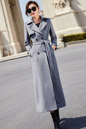 Elegant Double Breasted Wool Maxi Coat with Tie Belt