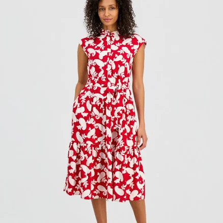 Nautica Women's Printed Tiered Band-Collar A-Line Dress