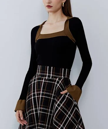 Knit Square Neck Collared Color Block Top