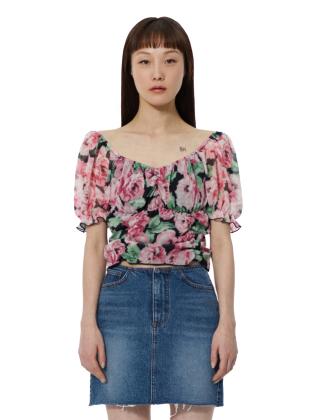 C Flower Print Shirring Blouse
