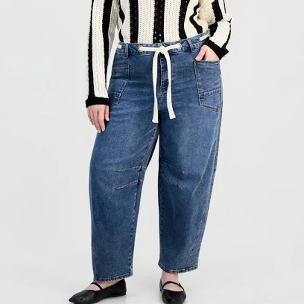 And Now This Women's Trendy Plus Size Tie-waist Barrel Jeans