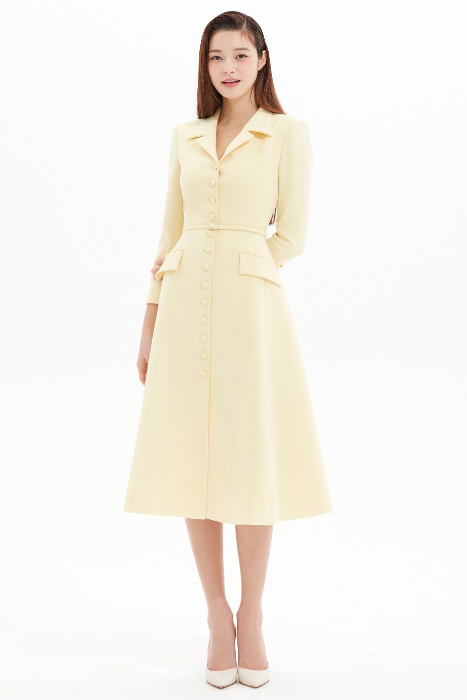 SLIM LINE BELTED FLARE CREPE COAT DRESS