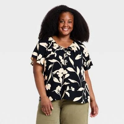 Ava & Viv Women's Flutter Sleeve V-Neck Tie-Front Blouse