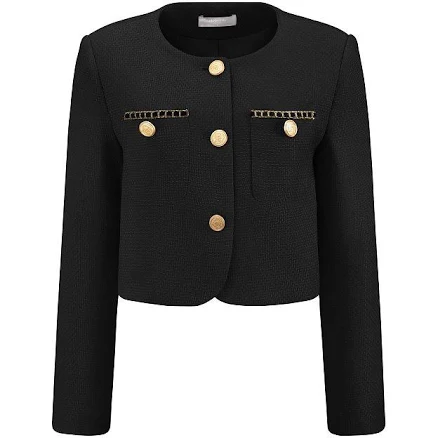Women's Tweed Short Jacket Crewneck Button Down Long Sleeve Work Office Cropped Blazer, Size: XXL, Black