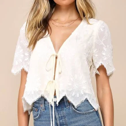 Lulus Embroidered Tie-Front Fringe Hem Top