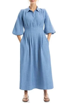 Balloon Sleeve Pleated Maxi Shirtdress In Blue