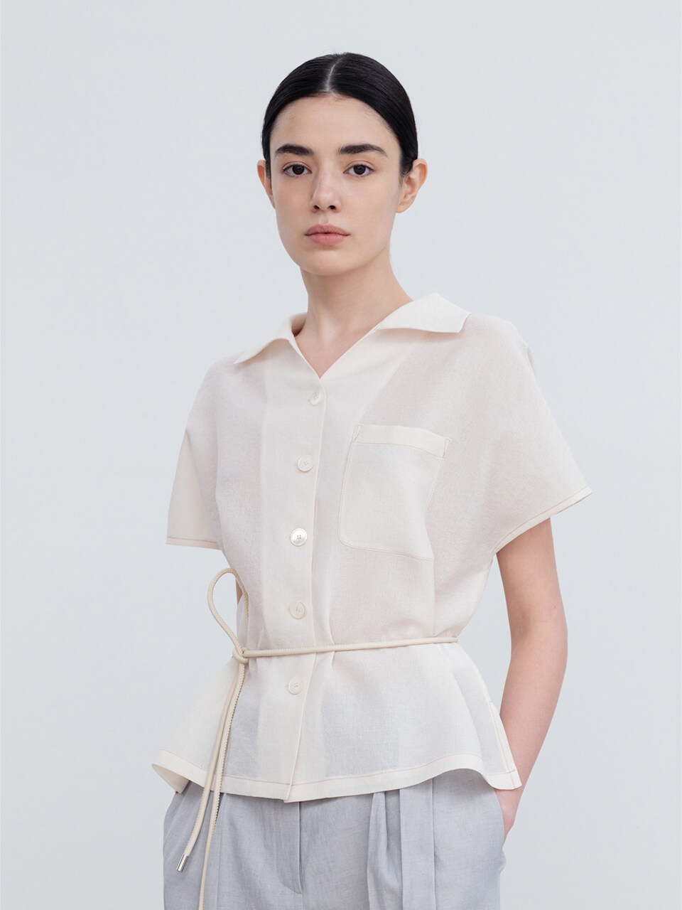 Spread Collar Leather String Belt Blouse Top