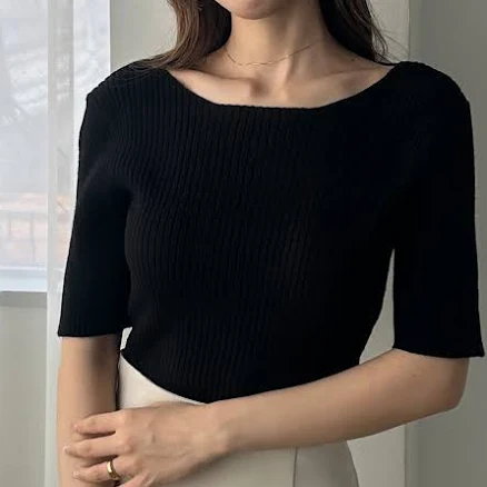 Louere Louere Boat Neck Ribbed Knit Short Sleeve