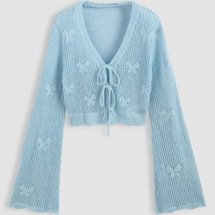 CIDER Women's Fall Lightweight Hollow-Out Knit Solid Knotted Front Cardigan Design