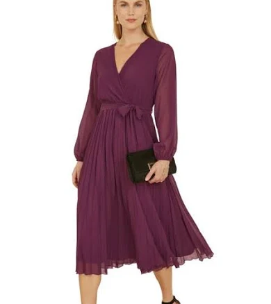 Womens Yumi Plum Pleated Wrap Midi Dress With Sheer Long Sleeves