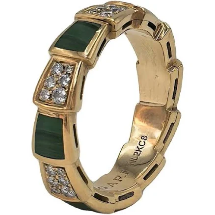 Bvlgari Rose Gold Diamond Malachite Serpenti Ring Size 57