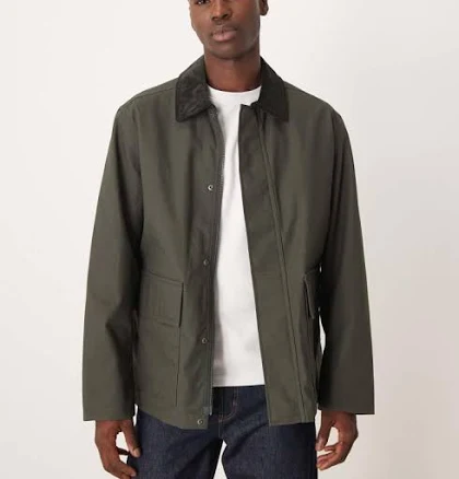 ARKET ARKET waxed cotton jacket with contrast cord collar in dark khaki green - DARK KHAKI GREEN - XS - Chest 32