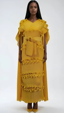 Ruffled Pleated Maxi Dress with Scarf