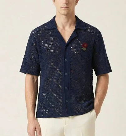 Modenaire Men's Open-Knit Short-Sleeve Embroidered Shirt