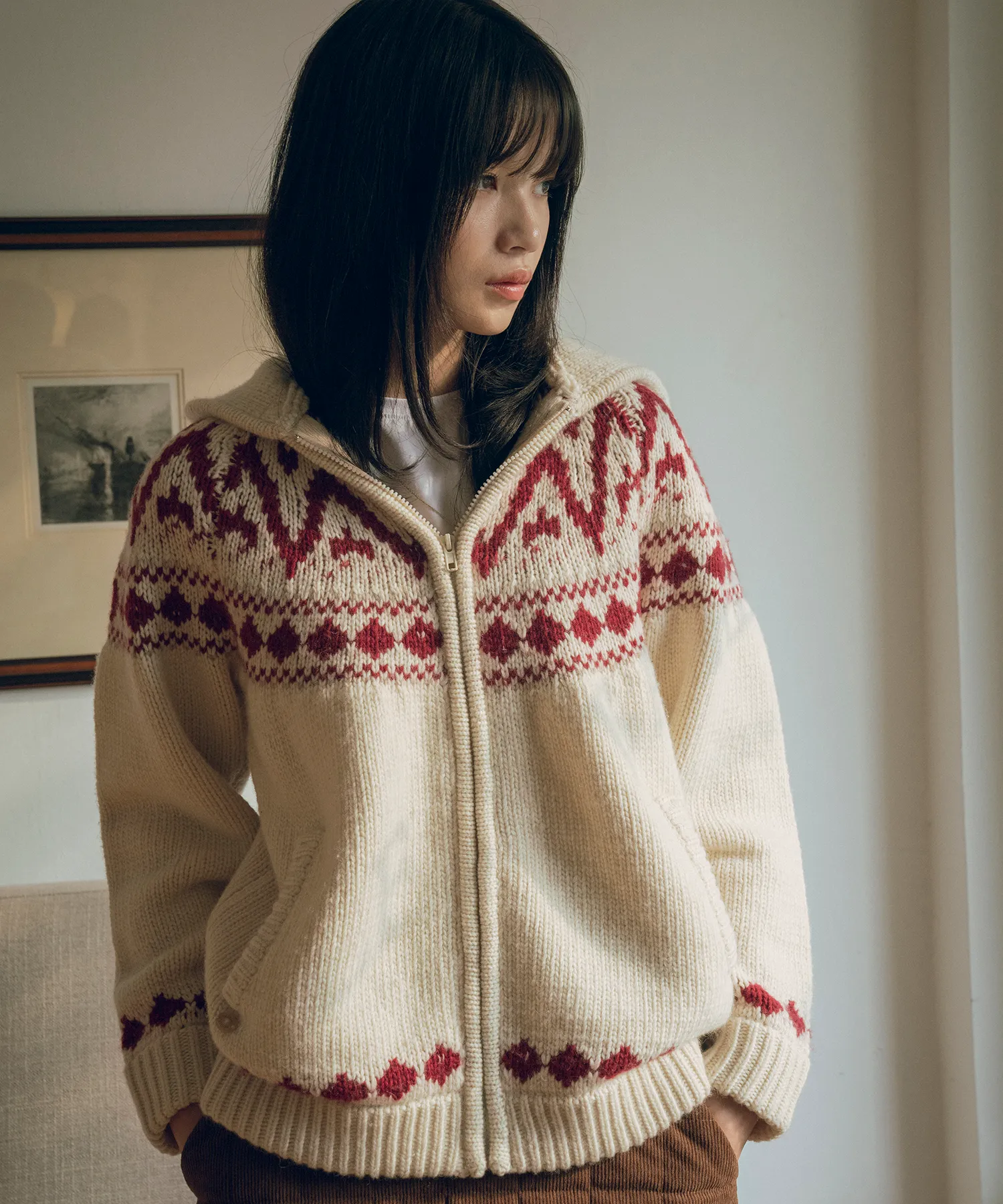 Nordic Knit Hood Zip-up Cream