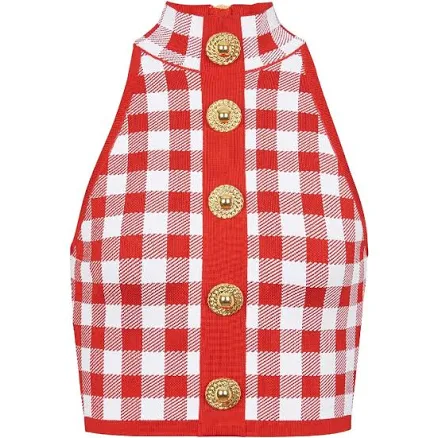 Balmain Women's 5-Button Check-Pattern Crop Top