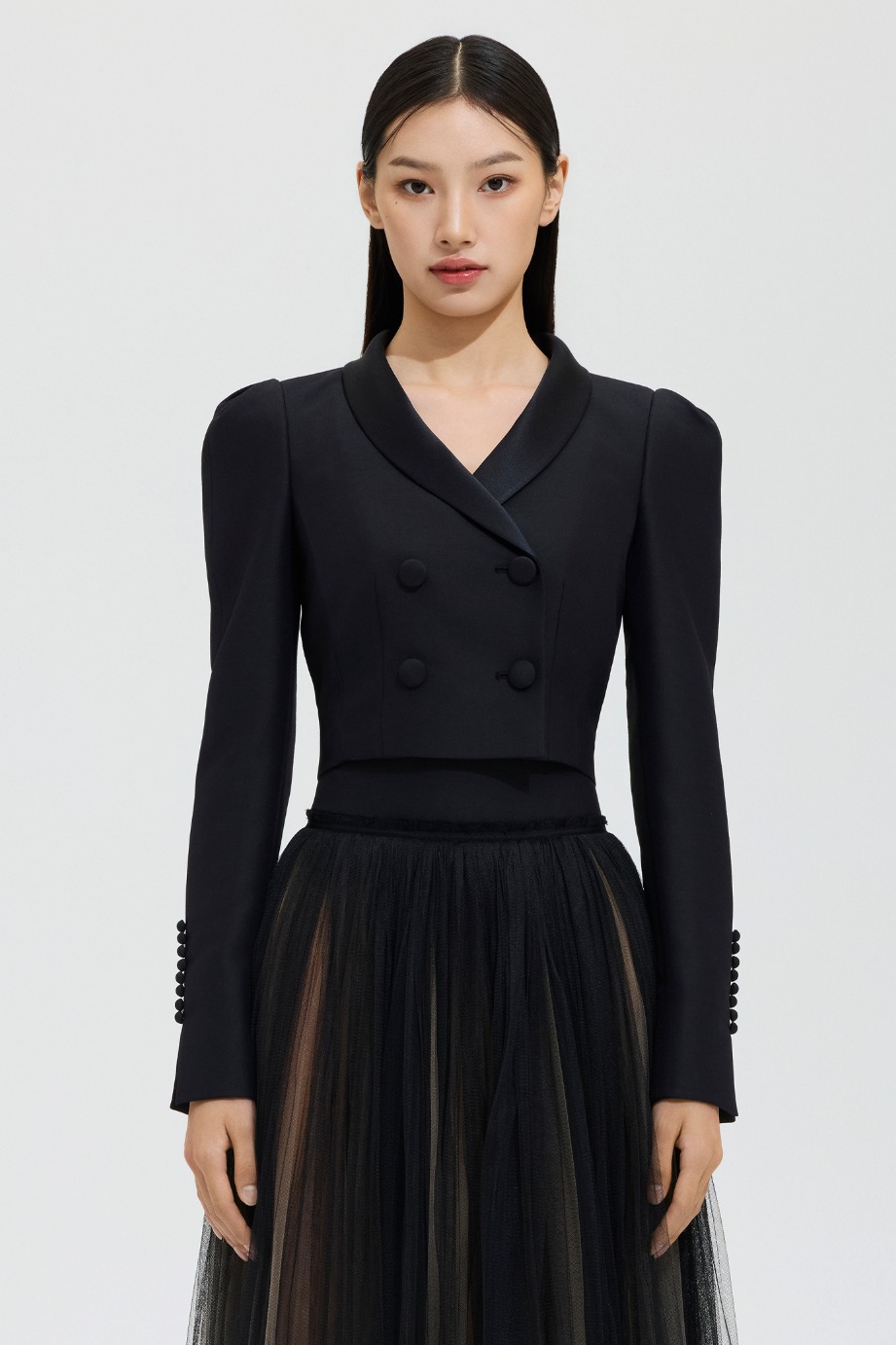 Shawl Collar Crop Wool Silk Jacket