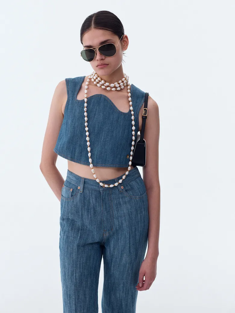 BASTIA COTTON CURVED CROP TOP - BLUE