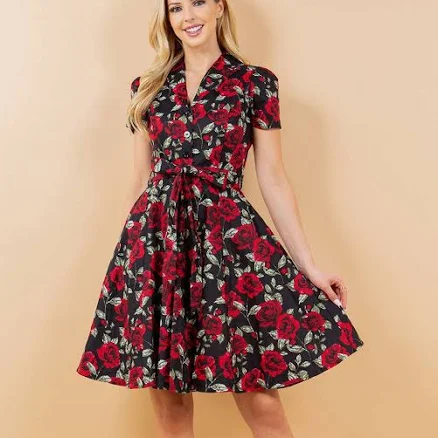 Retro Rose Print Fit & Flare Cotton Dress