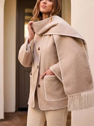 Button-Front Coat with Detachable Scarf