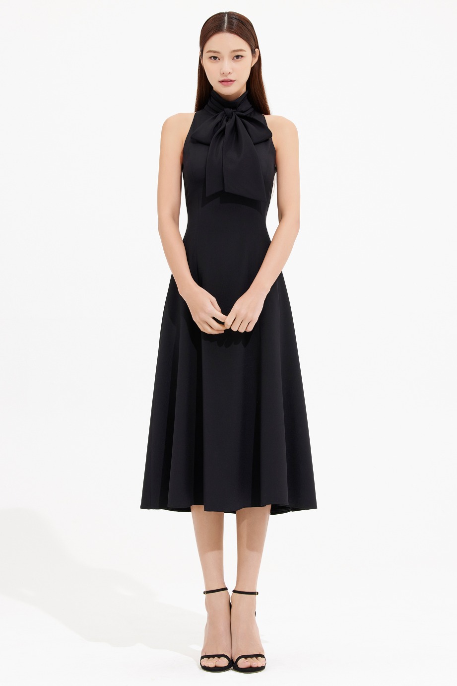 SILK TIE HALTER NECKLINE FLARE DRESS