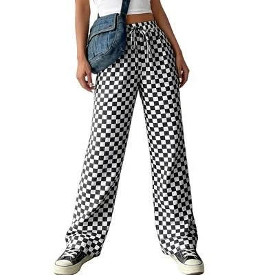 Women's Checkered Wide Leg Pants with Drawstring Waist