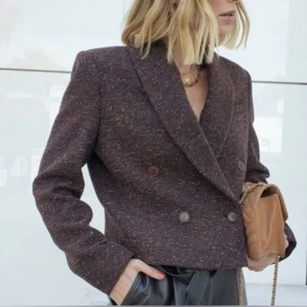 ANINE BING Mae Blazer Dark Rust Charcoal Brown Cropped Tweed Size Small NWT - New Women | Color: Brown | Size: S