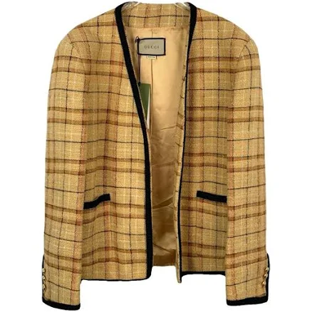 GUCCI Orange Check Tweed V-Neck Jacket Size 46 FR