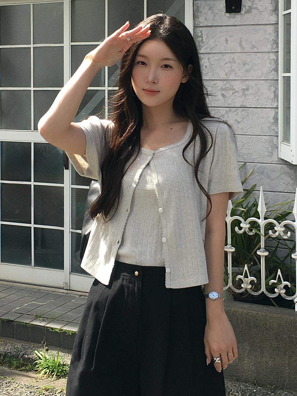 Sleeveless Set Half Sleeve Eyelet Cardigan